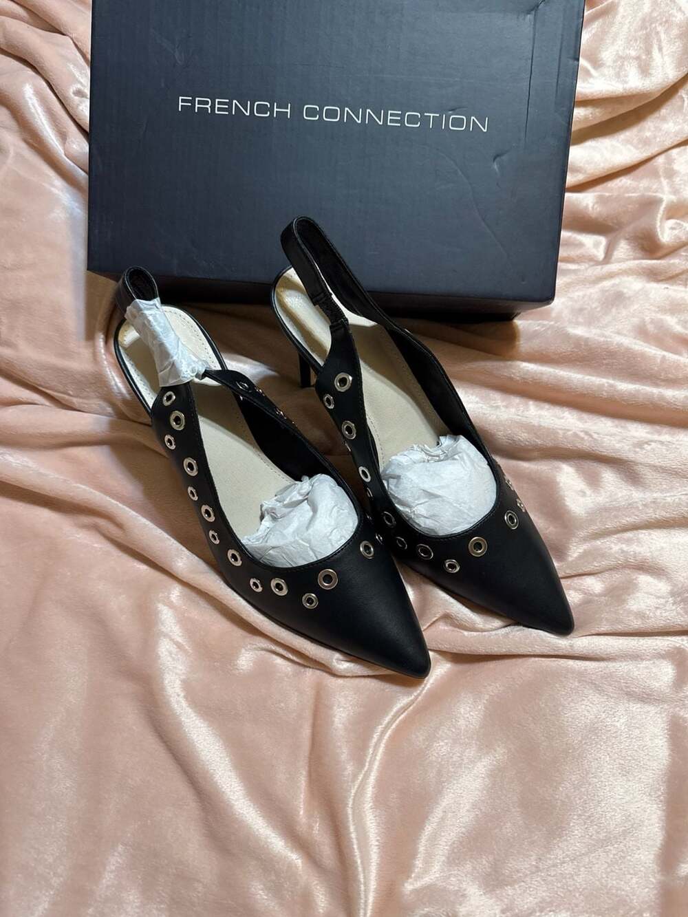 French Connection Pointed Toe Grommet Eyelet Slingback Heel Pumps